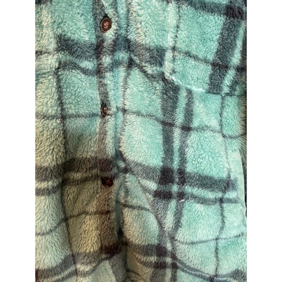 PacSun Homecoming Plaid Button Down Sherpa Shirt Shacket Aqua Gray Womens Md/Lg - Picture 7 of 10